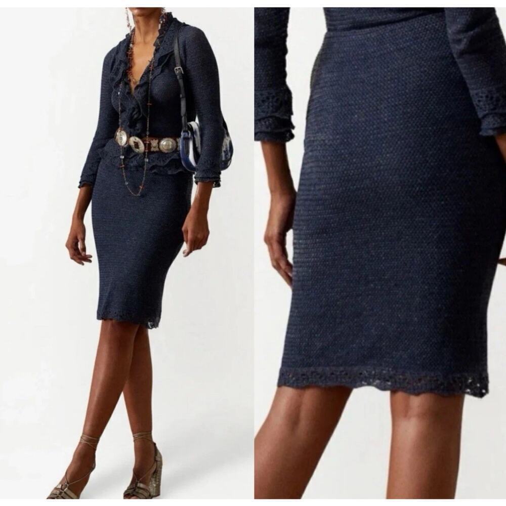 Ralph Lauren Collection Purple Label Ruffle Hem Linen Pencil Skirt Blue Lace M